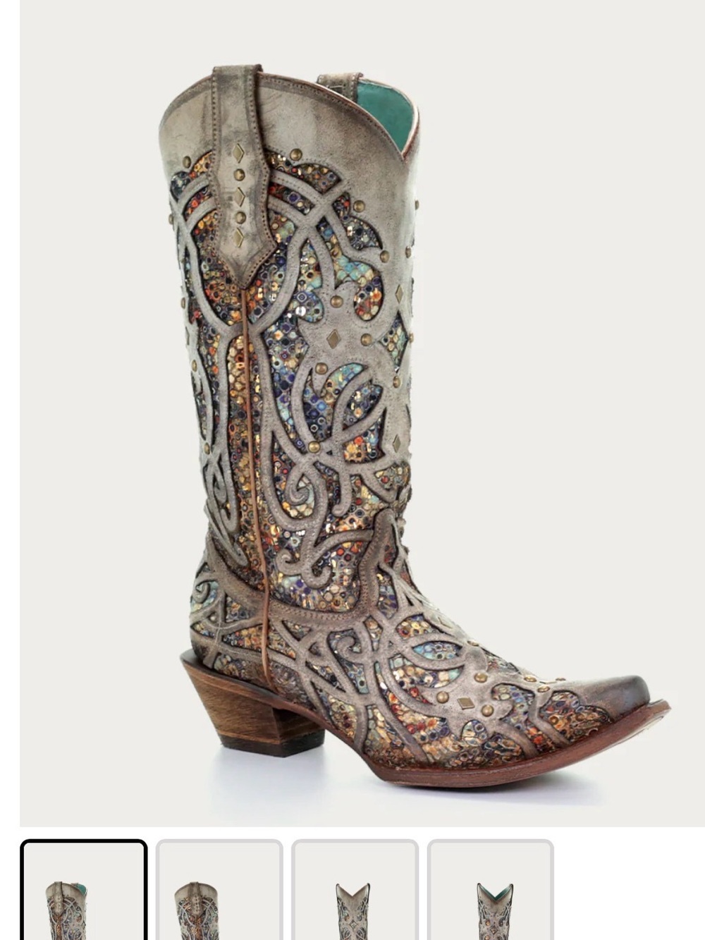 Embellished Western Cowboy Boot - Gray with Multicolor Accents